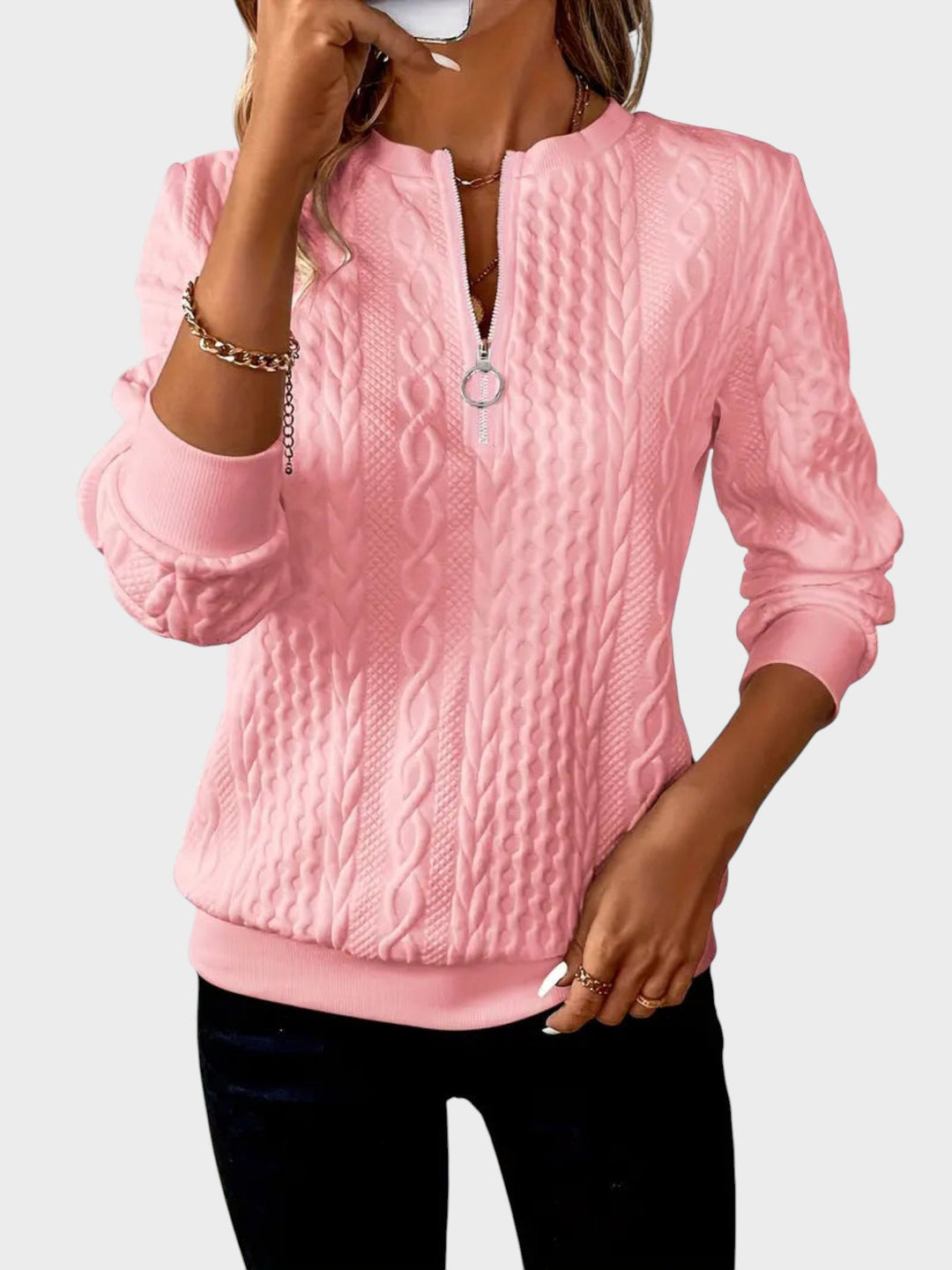 Amalie - Dámský svetr s kabelovým pletením na zip